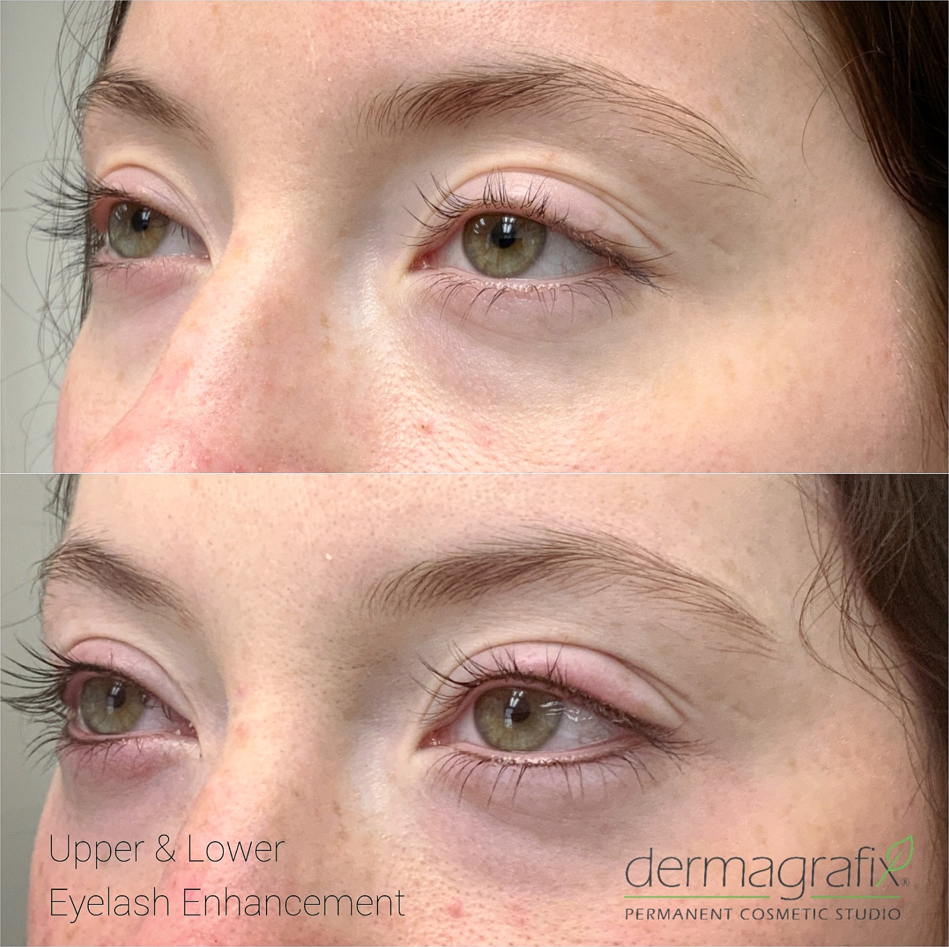Before and after upper and lower eyelash enhancement permanent makeup, adding definition along both lash lines