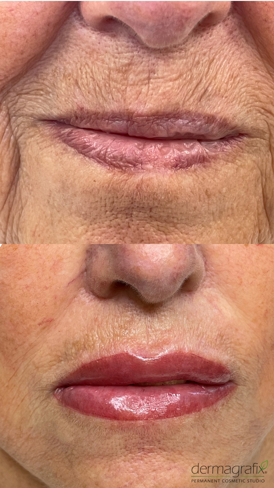Before and after lip blushing permanent makeup on mature lips, restoring colour, fullness, and a smoother lip border