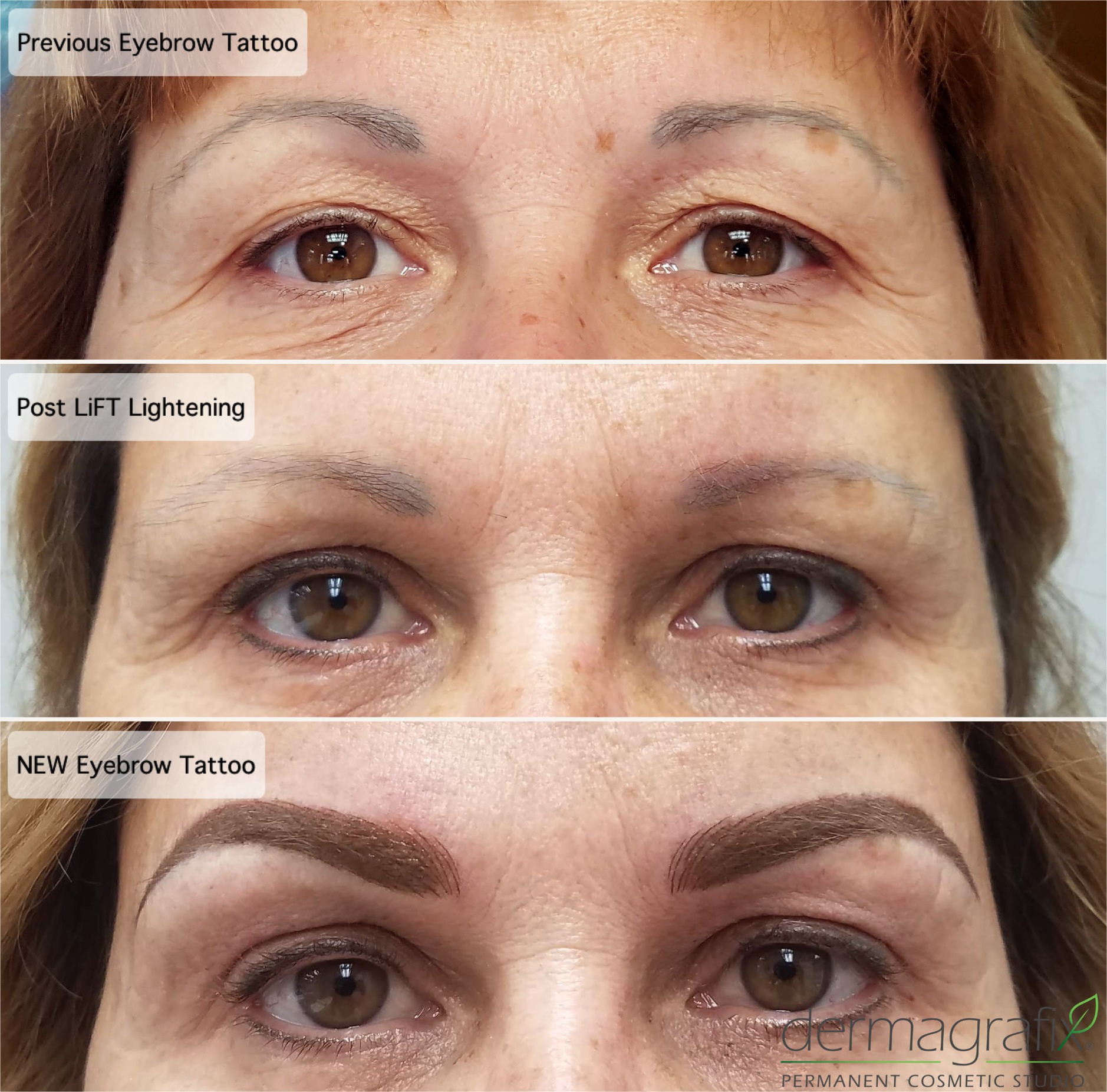 Previous eyebrow tattoo, the same brows after LiFT lightening, and the new permanent makeup brow tattoo