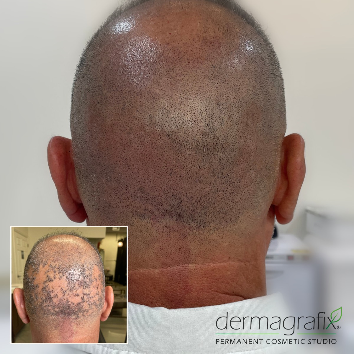 Back of the scalp before and after scalp micropigmentation for alopecia areata, with the patchy areas blended into even density