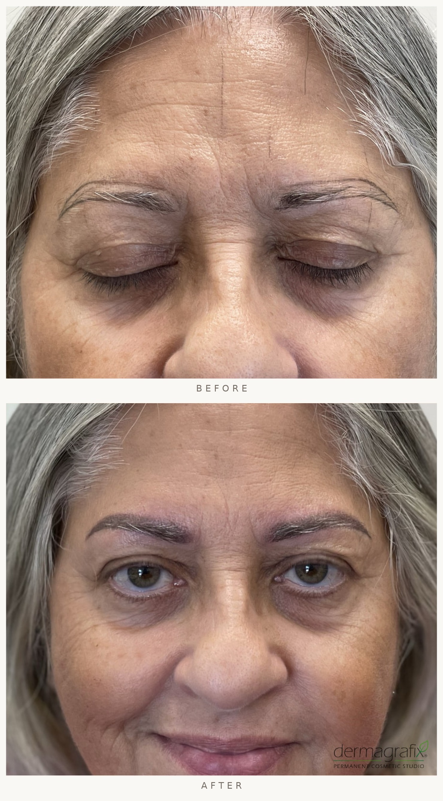 Before and after nanofill permanent makeup brows on a mature client, restoring soft natural brow shape and definition