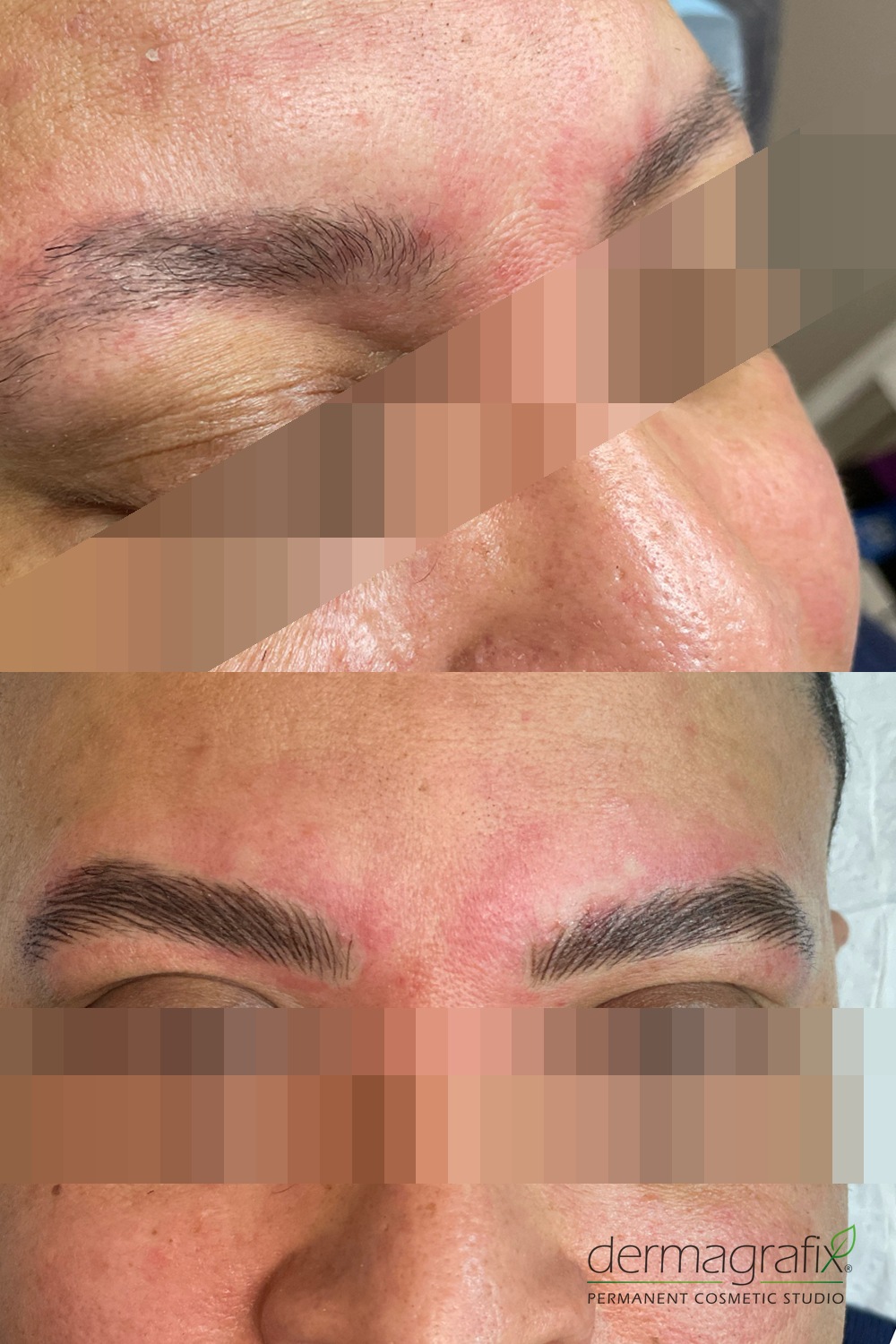 Male client before and after nanostroke permanent makeup brows, with matched face scale in both panels