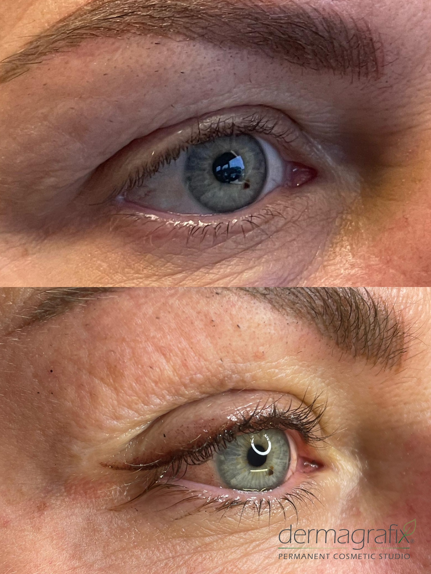 Before and after soft shadow liner permanent makeup along the upper lash line