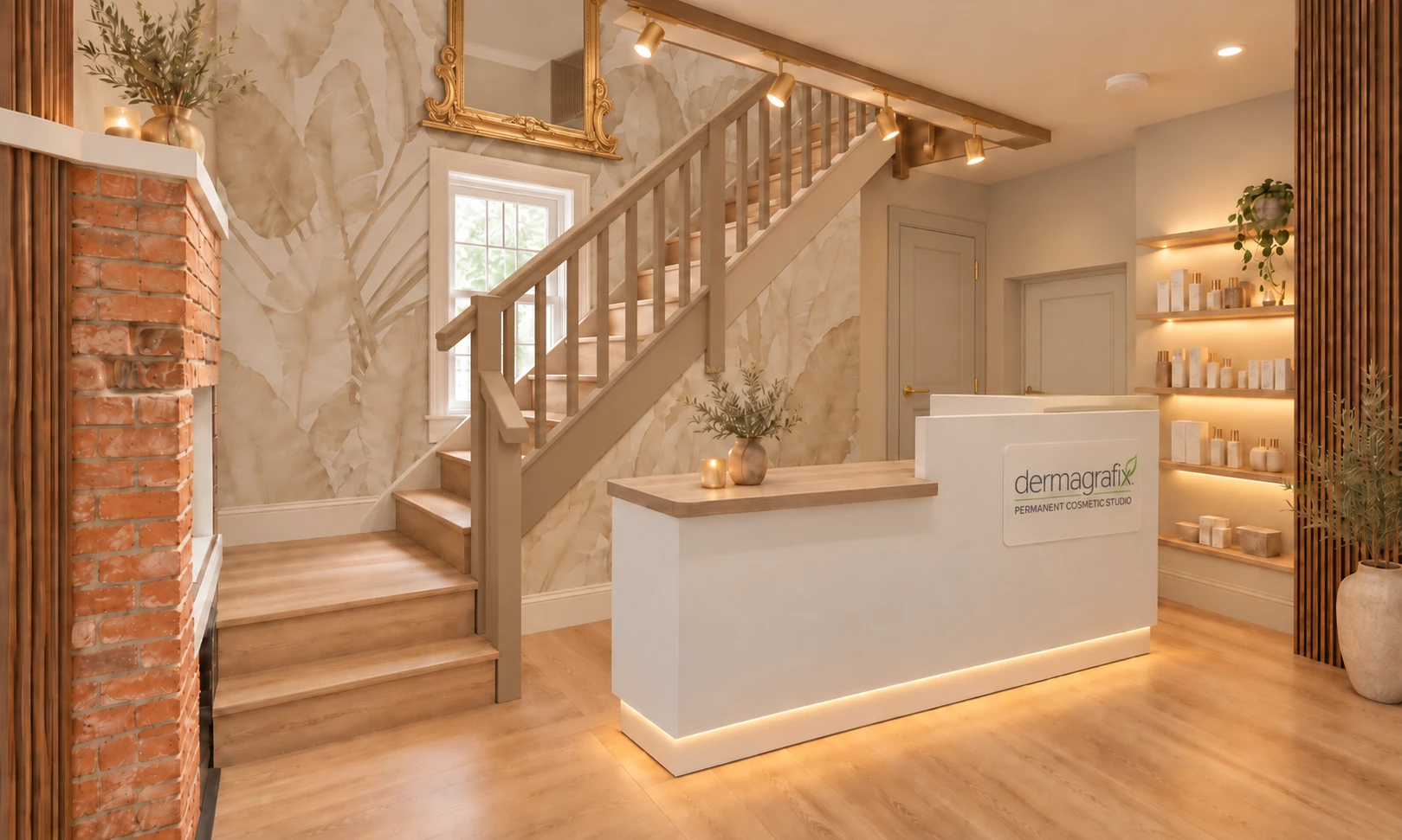 Architectural rendering of the planned Dermagrafix reception with natural wood, a staircase and a welcoming front desk