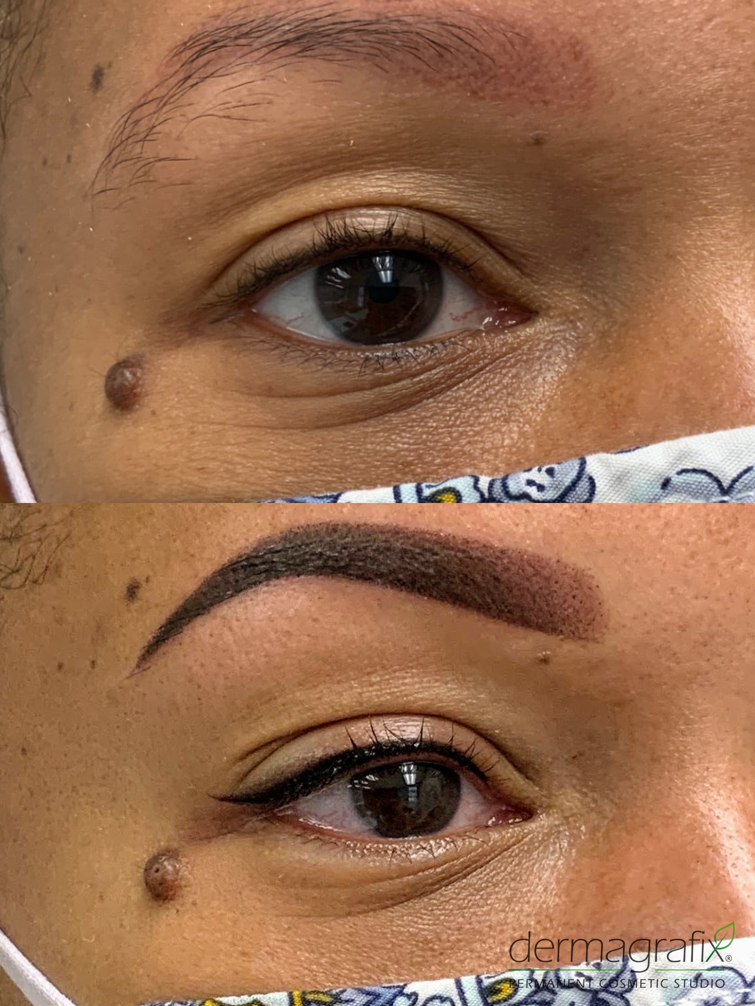 Before and after shadow liner and defined brow permanent makeup on deeper skin tone