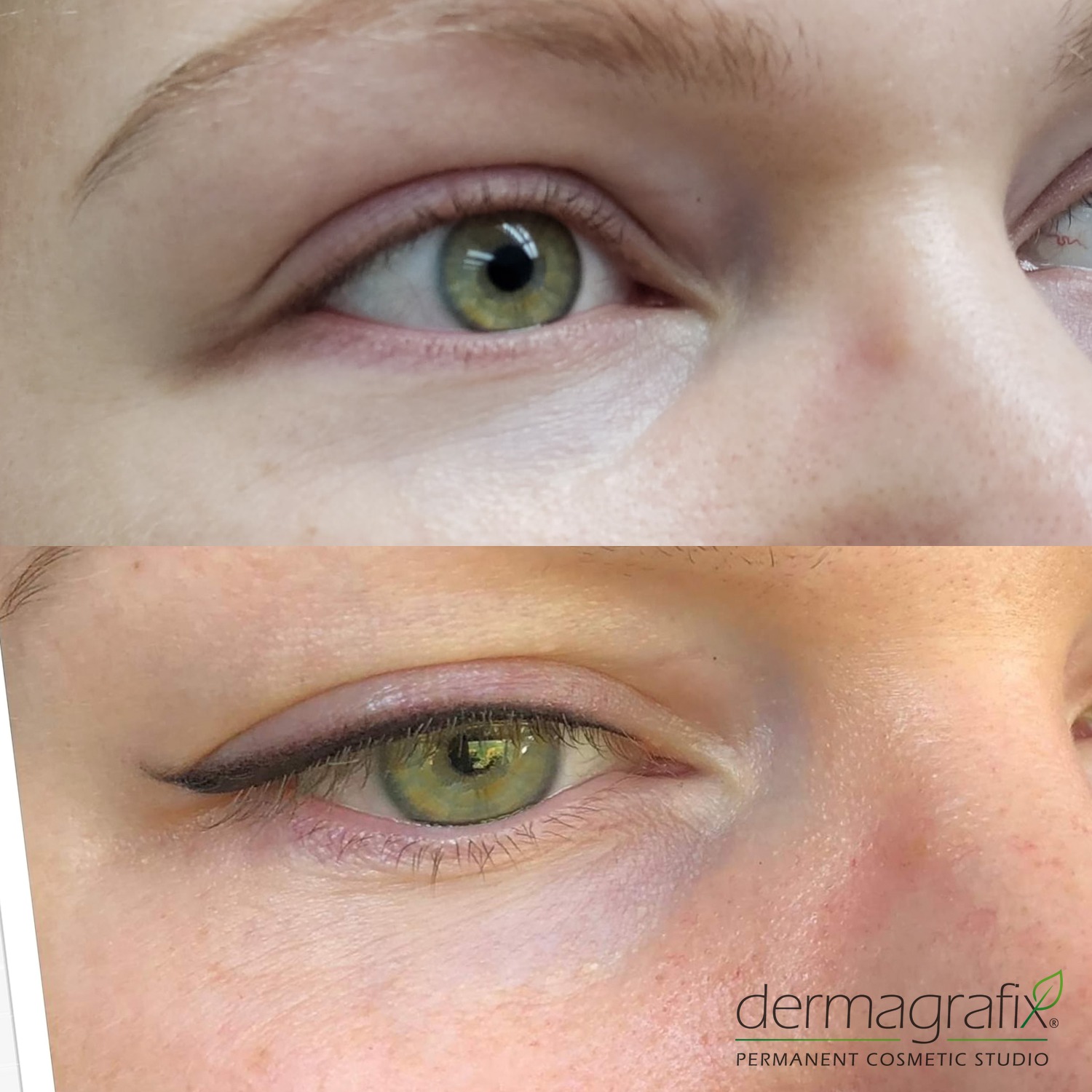 Close view of an eye before and after permanent eyeliner with a soft winged tail along the upper lash line